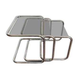 Nesting tables metal and smoked glass 70s