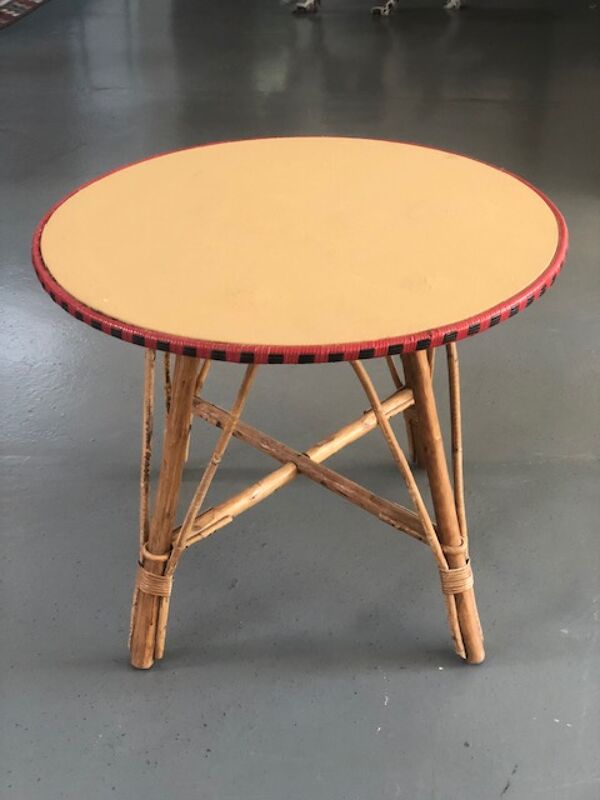 Table ronde en rotin avec plateau bois et  verre