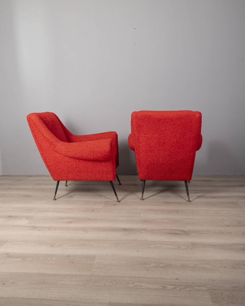 Pair of vintage 50s armchairs red fabric Italian design
