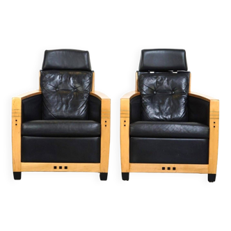 Unique set of special black leather Schuitema armchairs with wood, made for the Holland-America Line