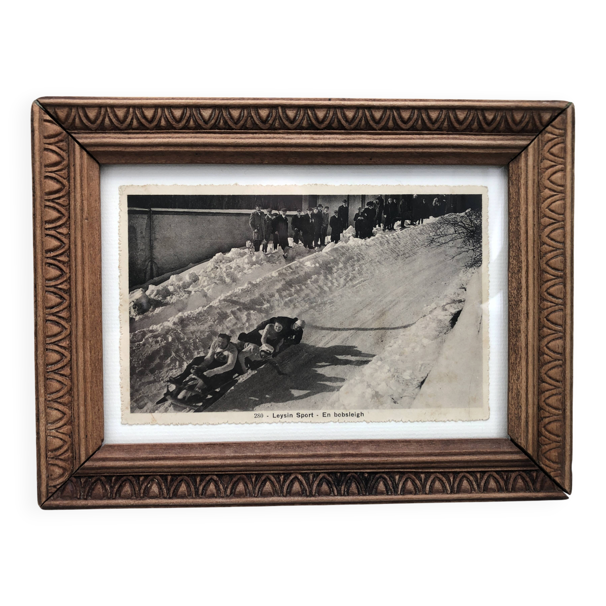 Carved wooden frame and old image "Bobsleigh in Leysin"