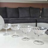 Lot.4. x Cut crystal champagne glasses. Baccarat style. Scale patterns. Multifaceted hexagonal foot