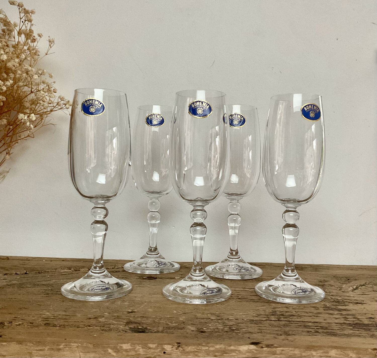 5 small Bohemian crystal flutes