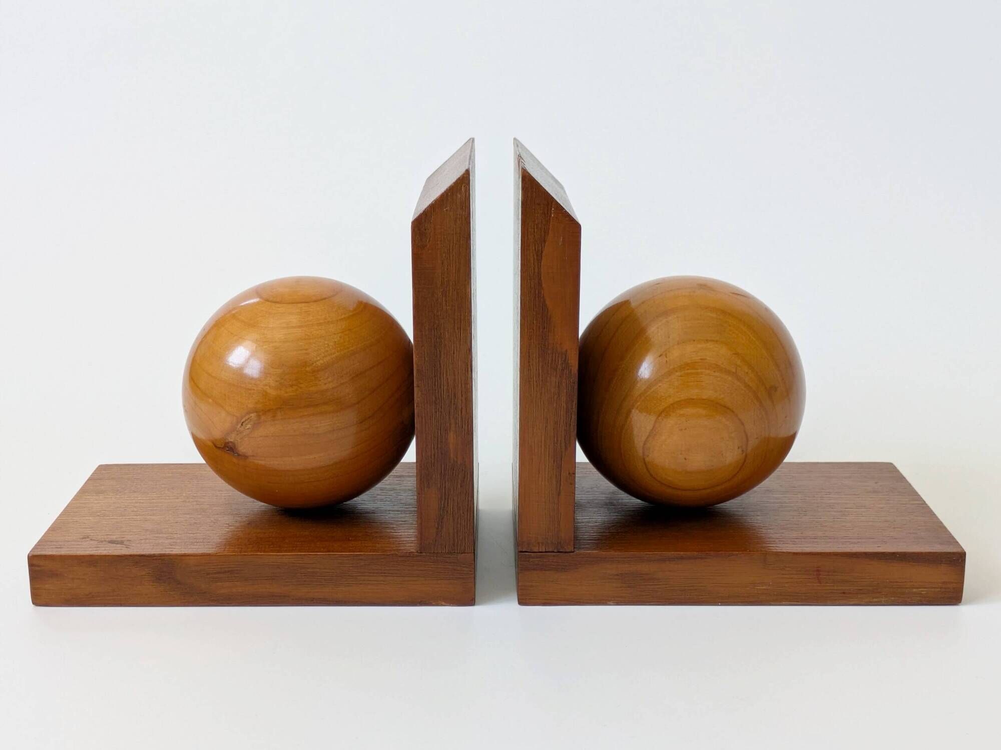 Pair of vintage bookends with polished wooden balls, Art Deco style