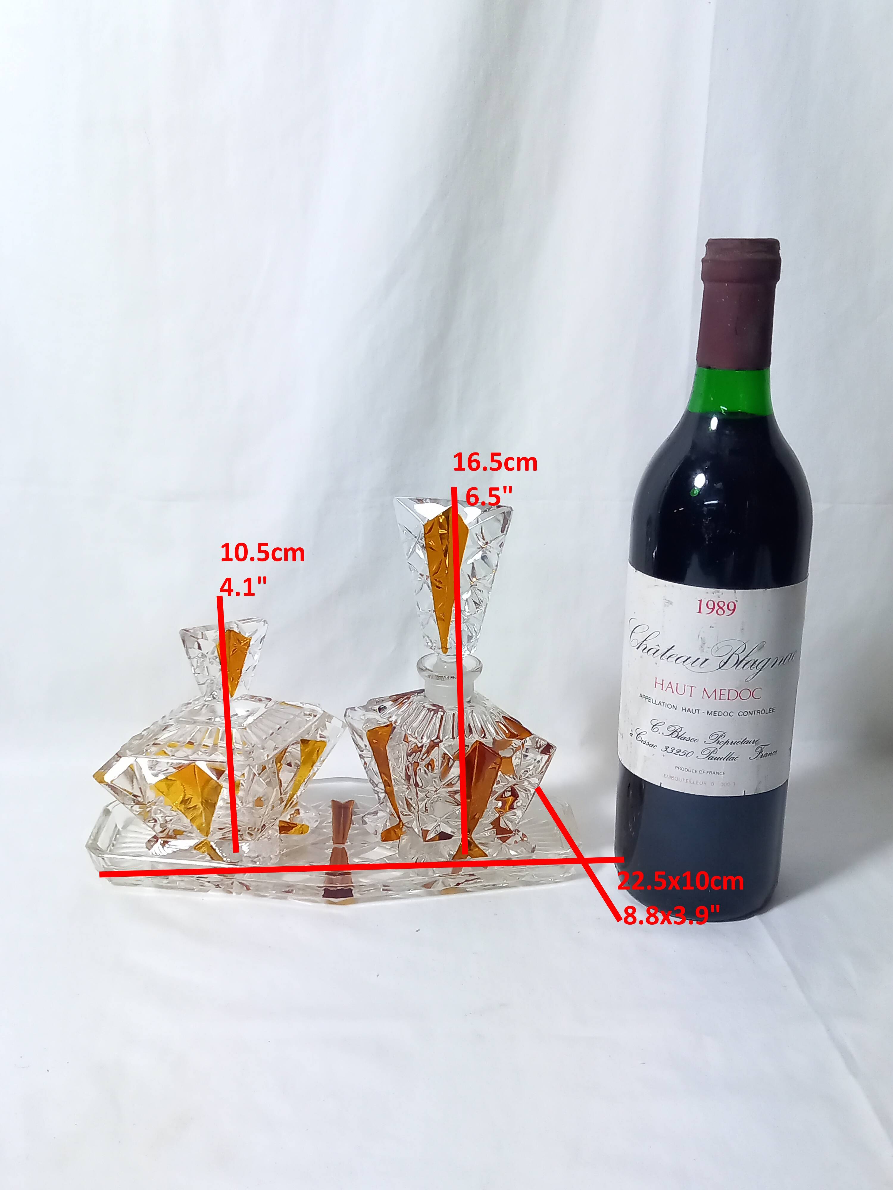 Art Deco Perfume Bottle, Pot and Tray in Transparent and Amber Glass