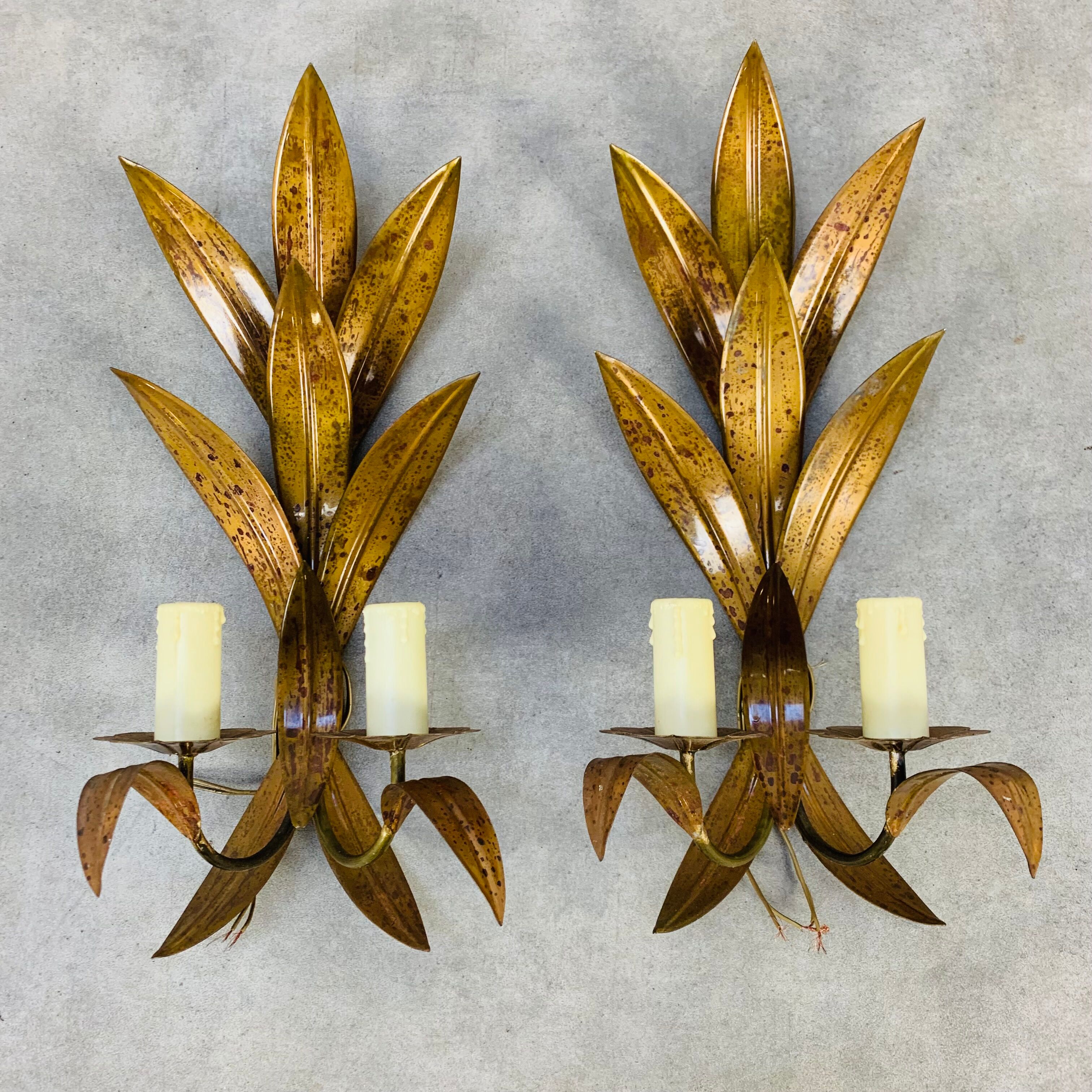 Pair of copper golden leaf sconces