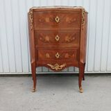 Curved chest of drawers with 3 marquetry drawers and marble top