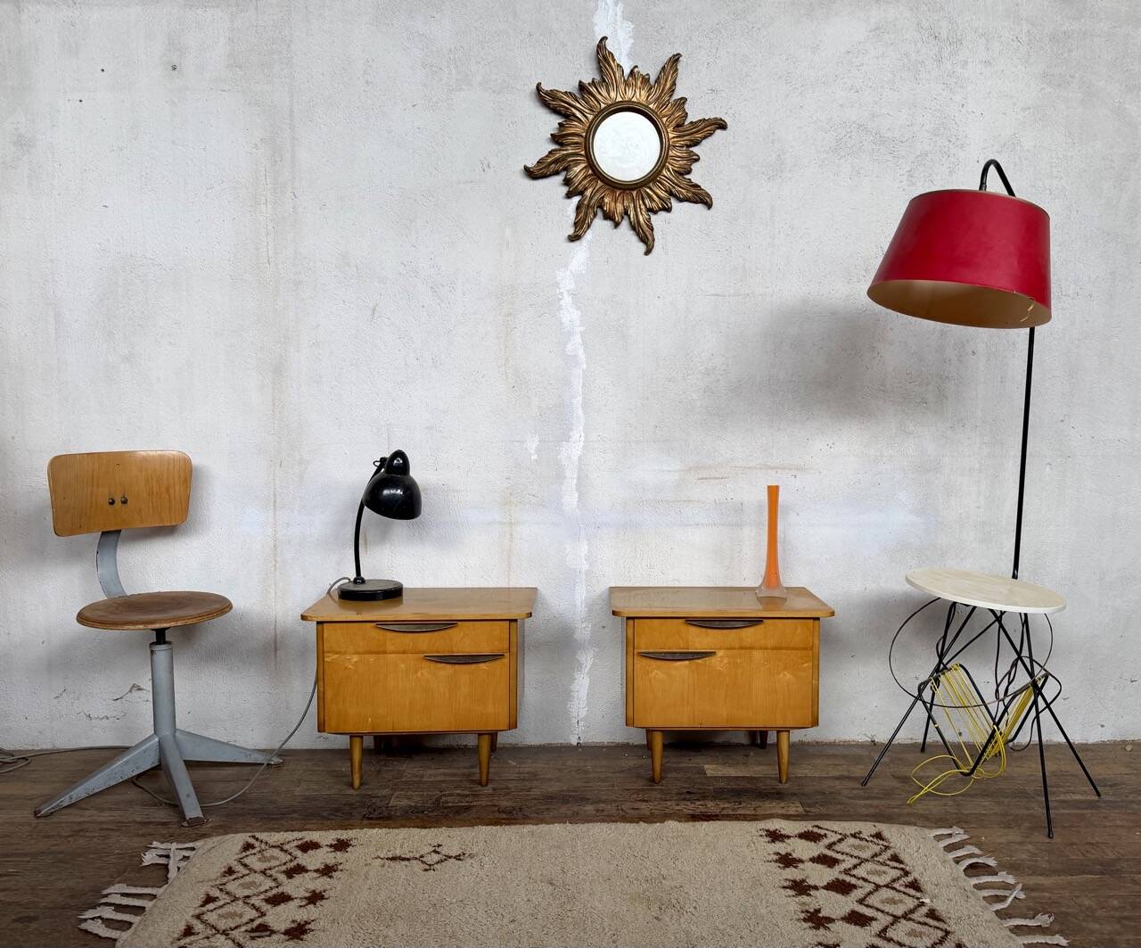 Vintage bedside tables / compass leg nightstand