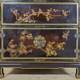 Vintage red / gold Chinese lacquer cabinet with flowers and birds