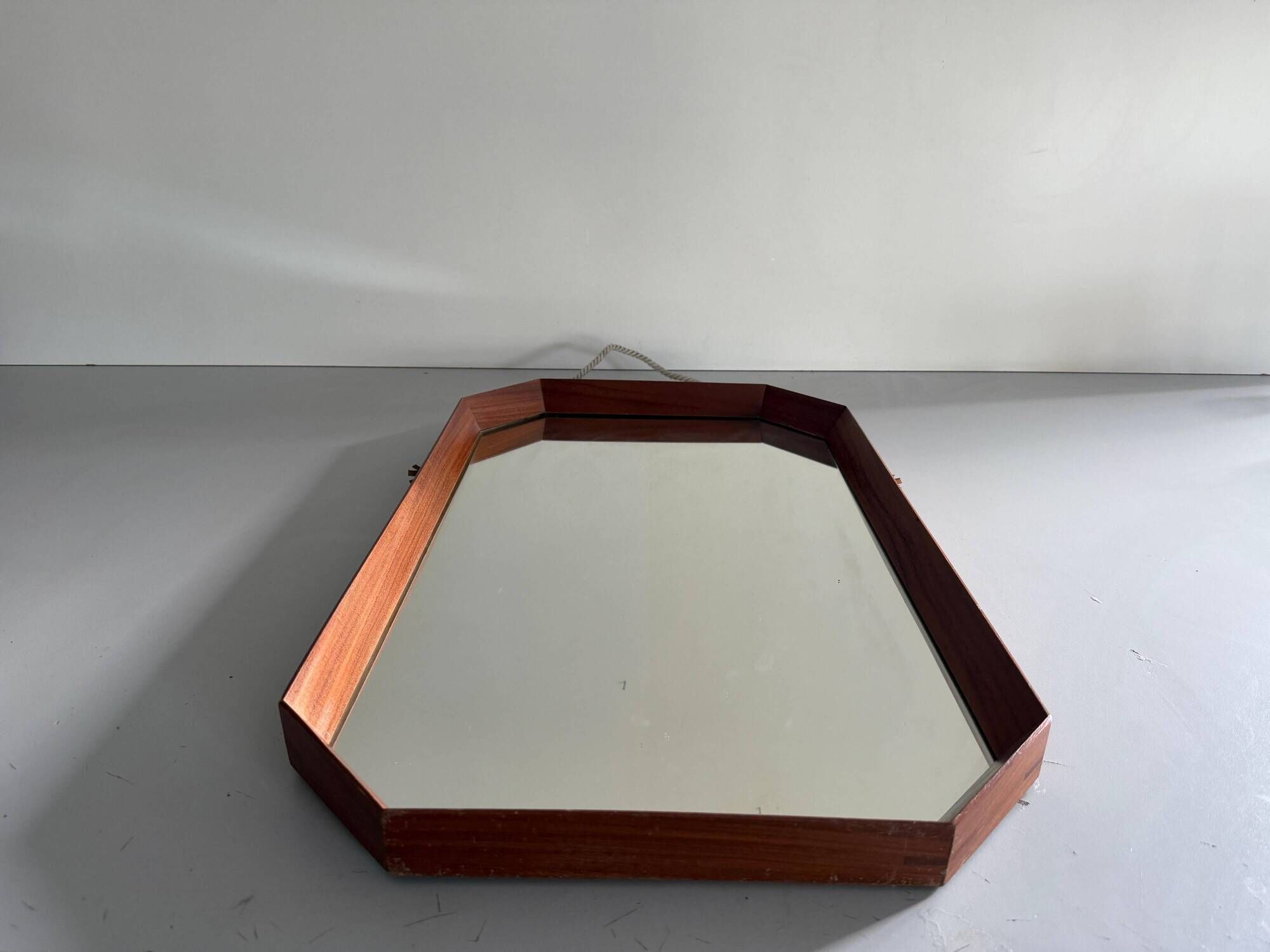 Mid-century rectangular wall mirror in teak, 1960, Italy