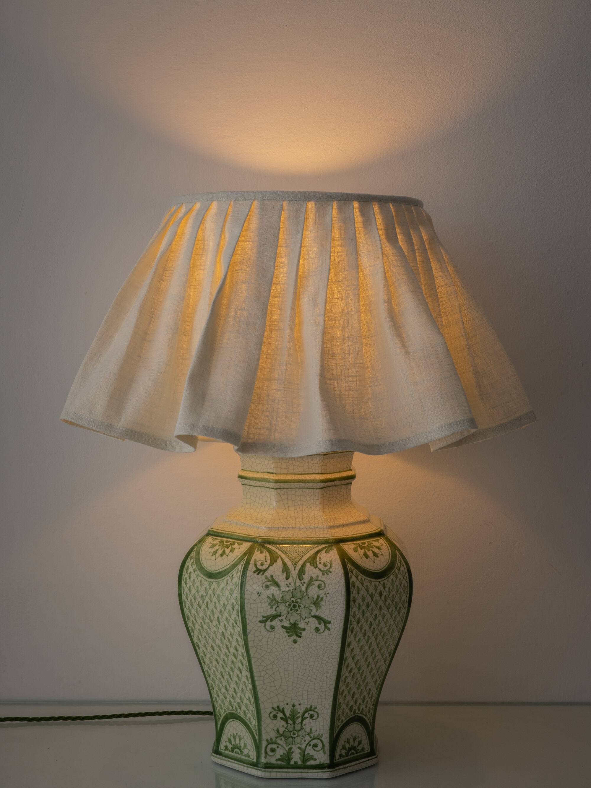 Spanish Revival Table Lamp in Green Ivory Crackle Ceramic, New Linen Shade