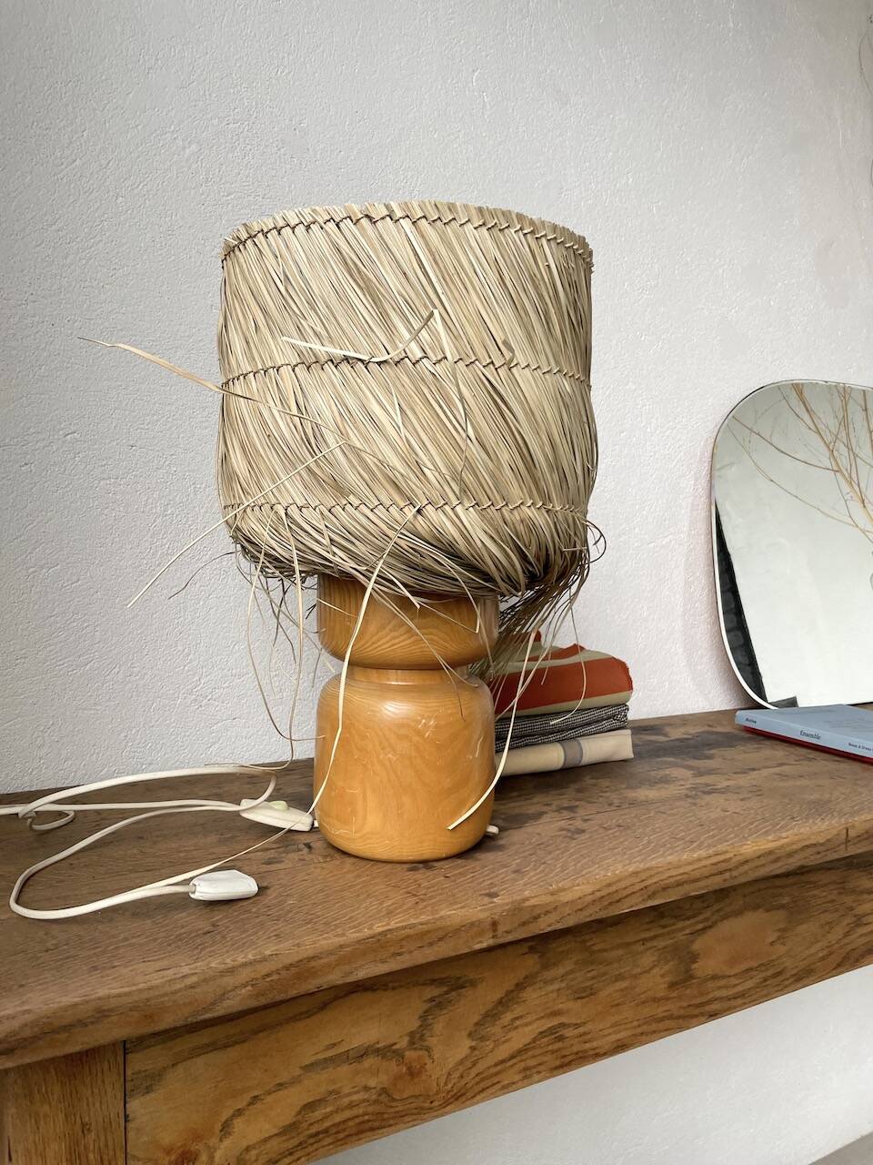50s wood and straw lamp