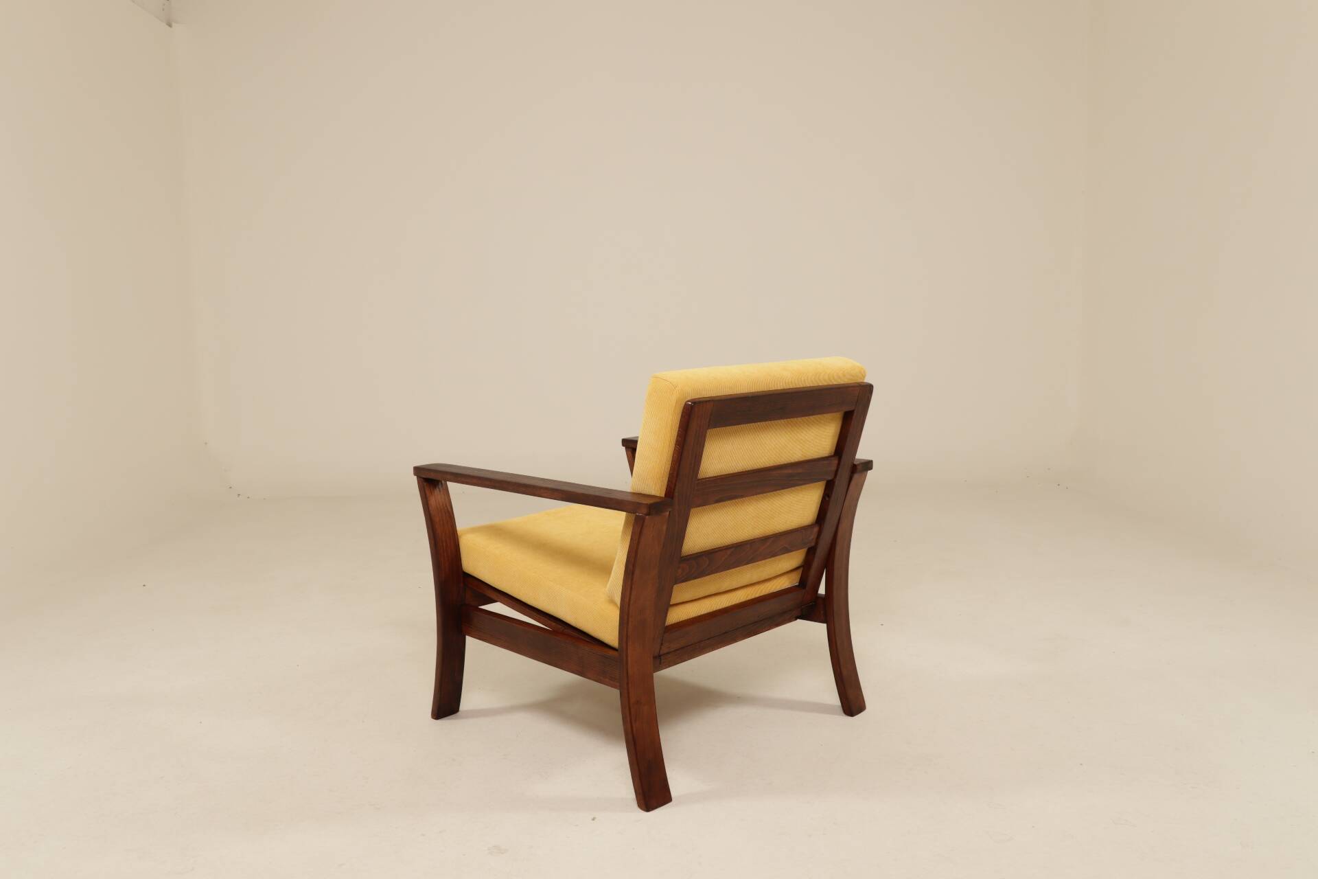 Pair of vintage curved beech armchairs, refurbished – Corduroy fabric