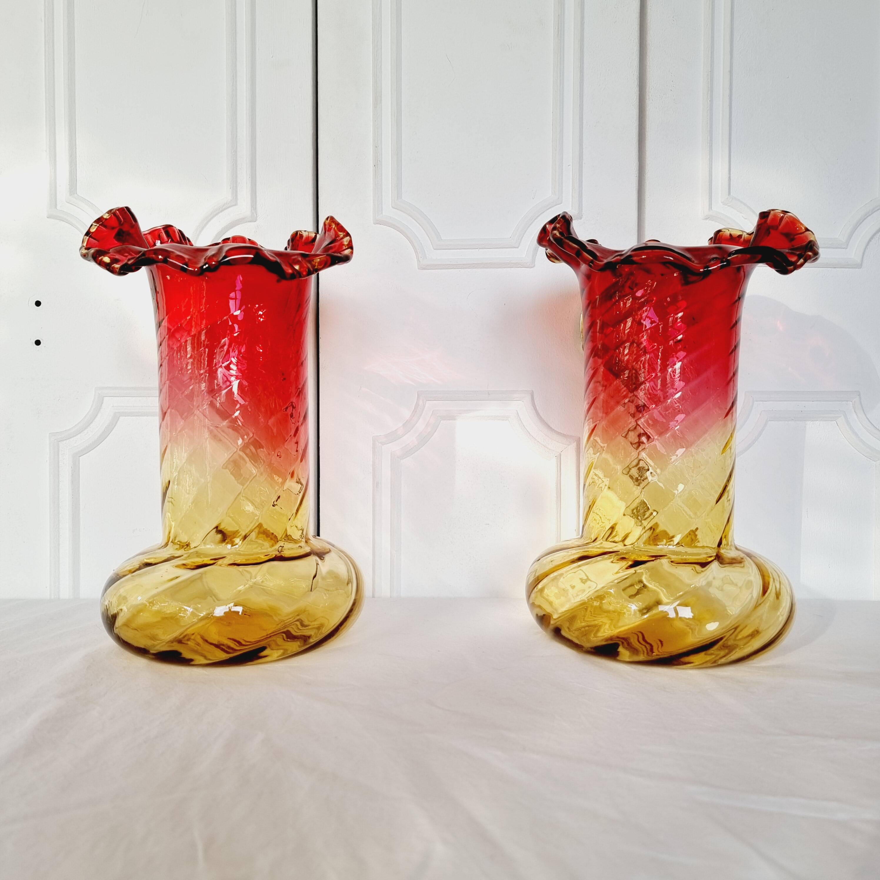 2 Art Nouveau Style Turned Glass Vases from 1900