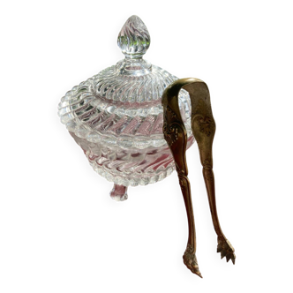 Glass sugar bowl and brass tongs