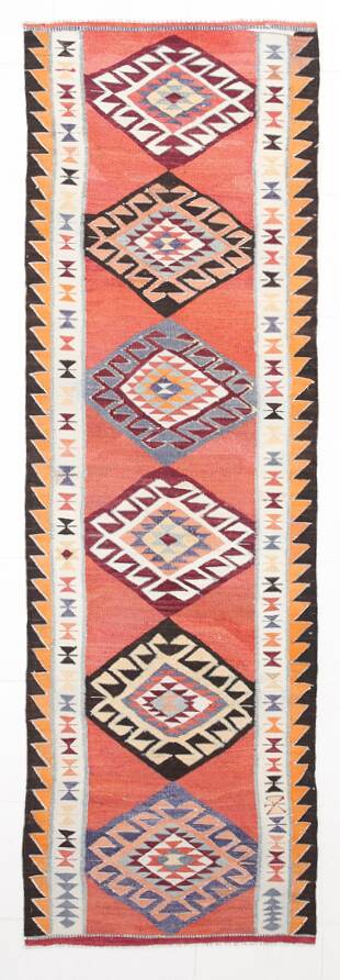 3x10 Turkish Orange & Burgundy Kilim Runner Rug, 92x302Cm