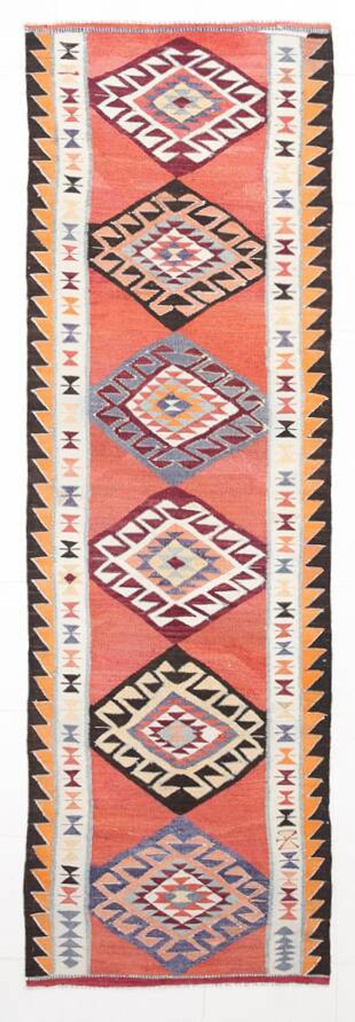 3x10 Turkish Orange & Burgundy Kilim Runner Rug, 92x302Cm