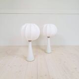 Pair of mid-century opaline glass table lamps with cotton shades by Bergboms, Sweden, 1960.