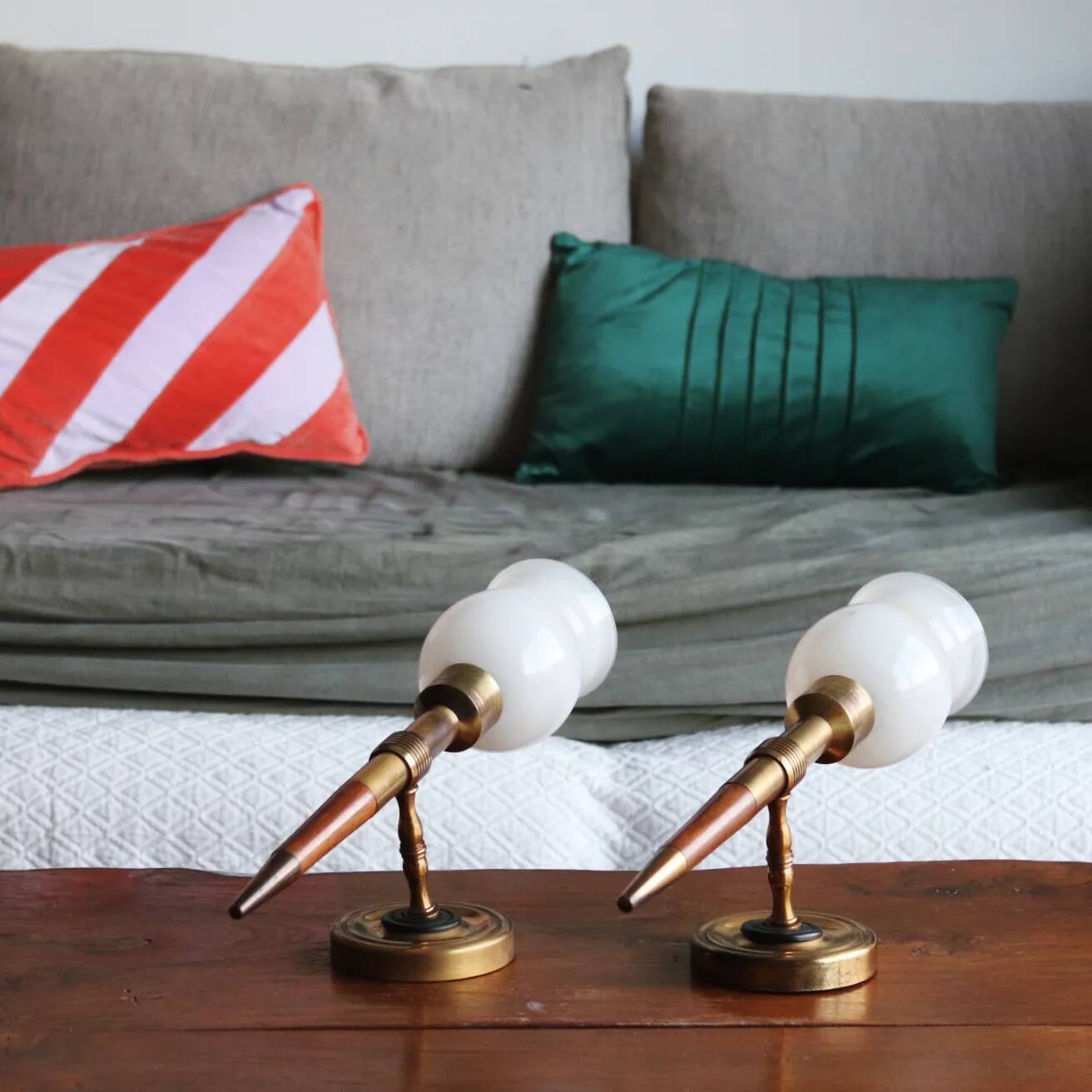 Pair of vintage Lunel house wood and brass wall lights