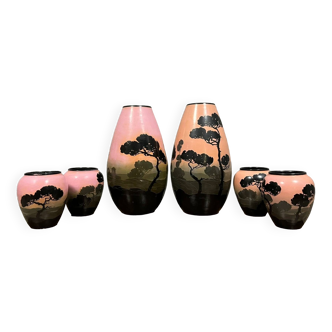 Vallauris Gabs : série de 6 vases en céramique époque Art déco