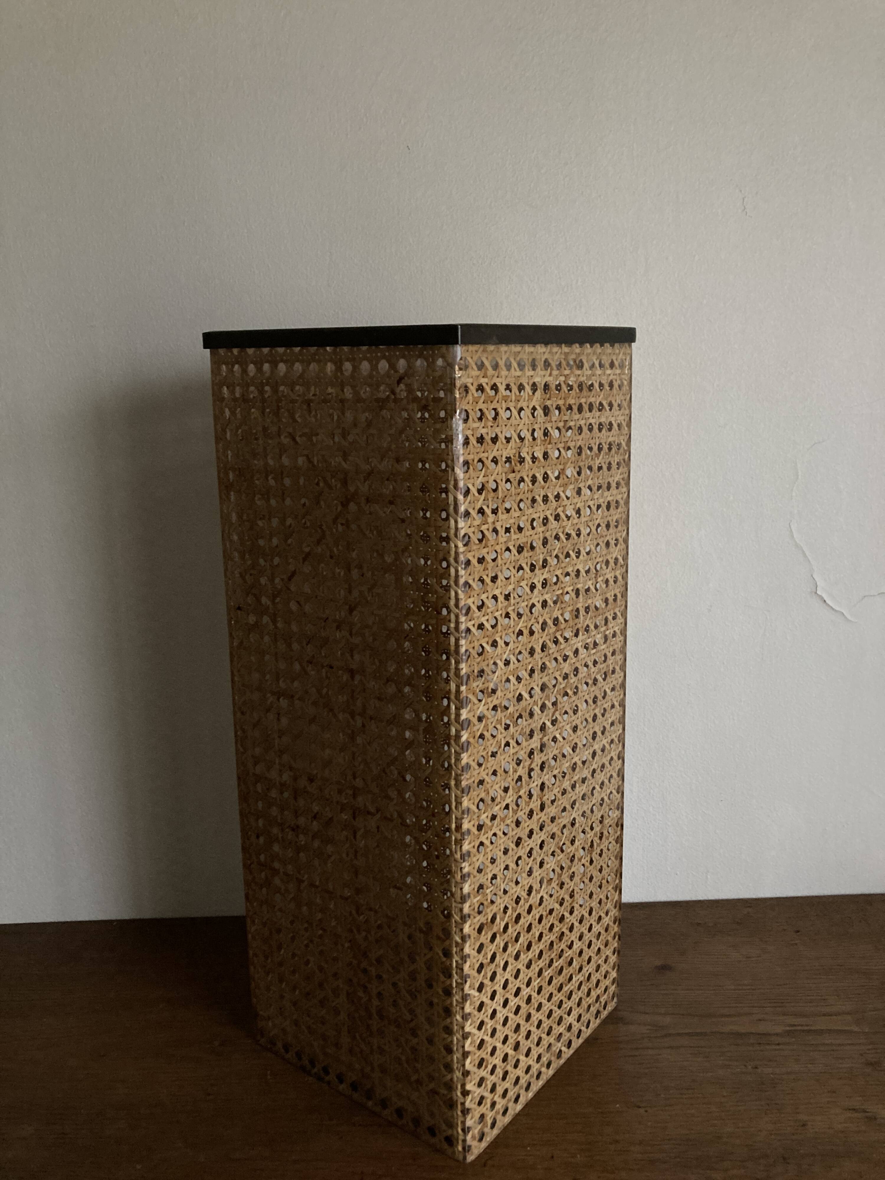 1970 wicker and plexiglass wastebasket