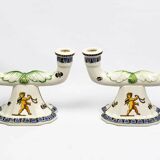 Pair of Renaissance candlesticks in earthenware – Gien pottery, 1970s
