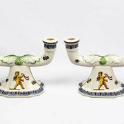 Pair of Renaissance candlesticks in earthenware – Gien pottery, 1970s