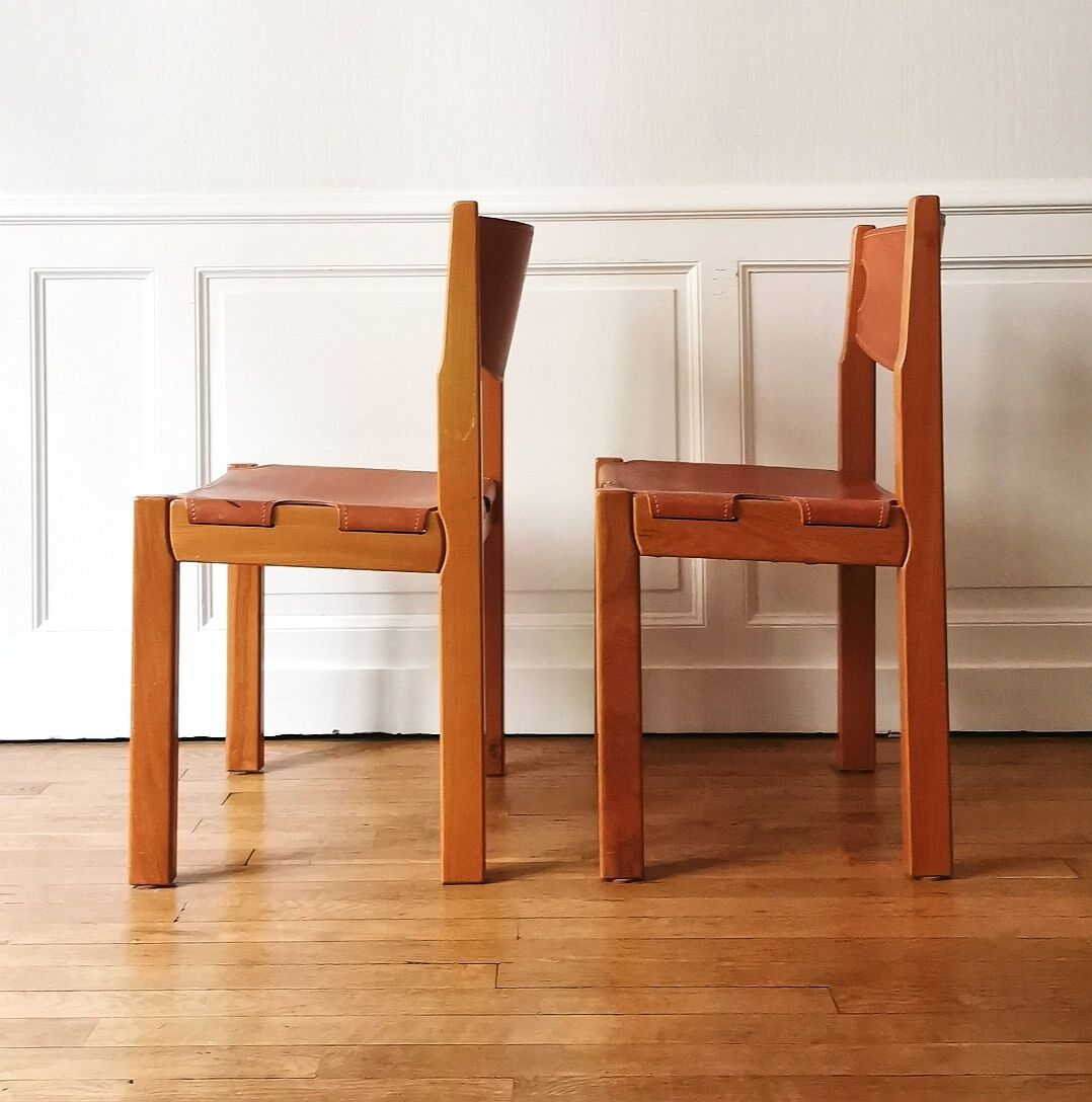 Paire de chaises orme et cuir Maison Regain