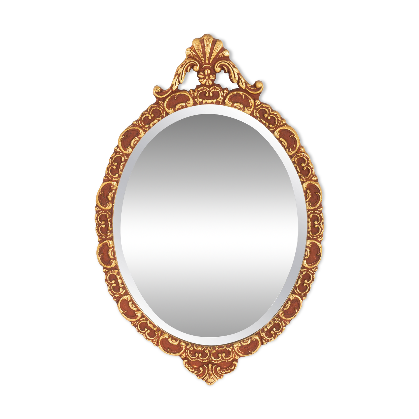Vintage Italian mirror in gold and brown, gilded woodwork, 1960s.