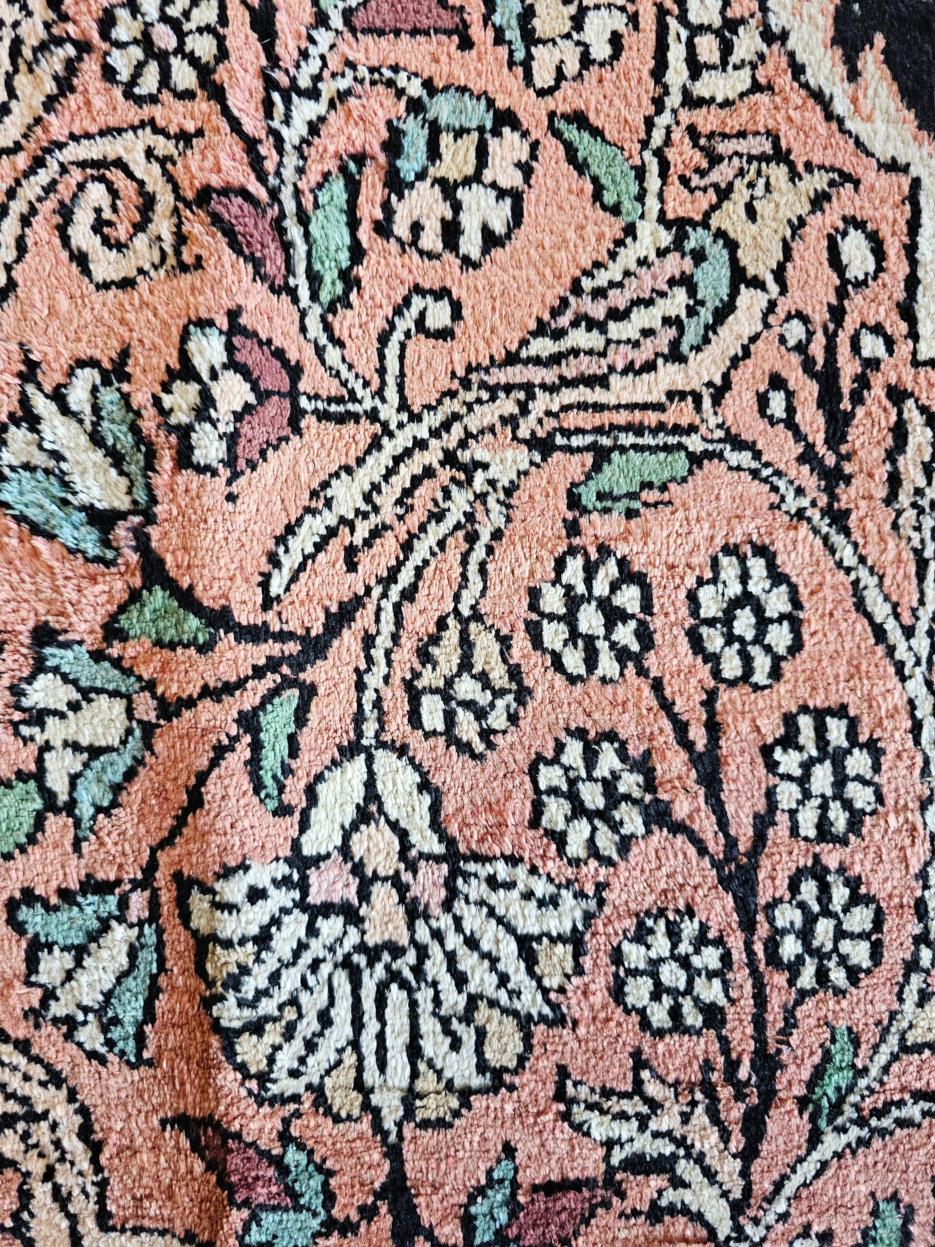 Vintage Kasmir Silk Hand-Knotted Rug with Floral Pattern, Pakistan 1950s