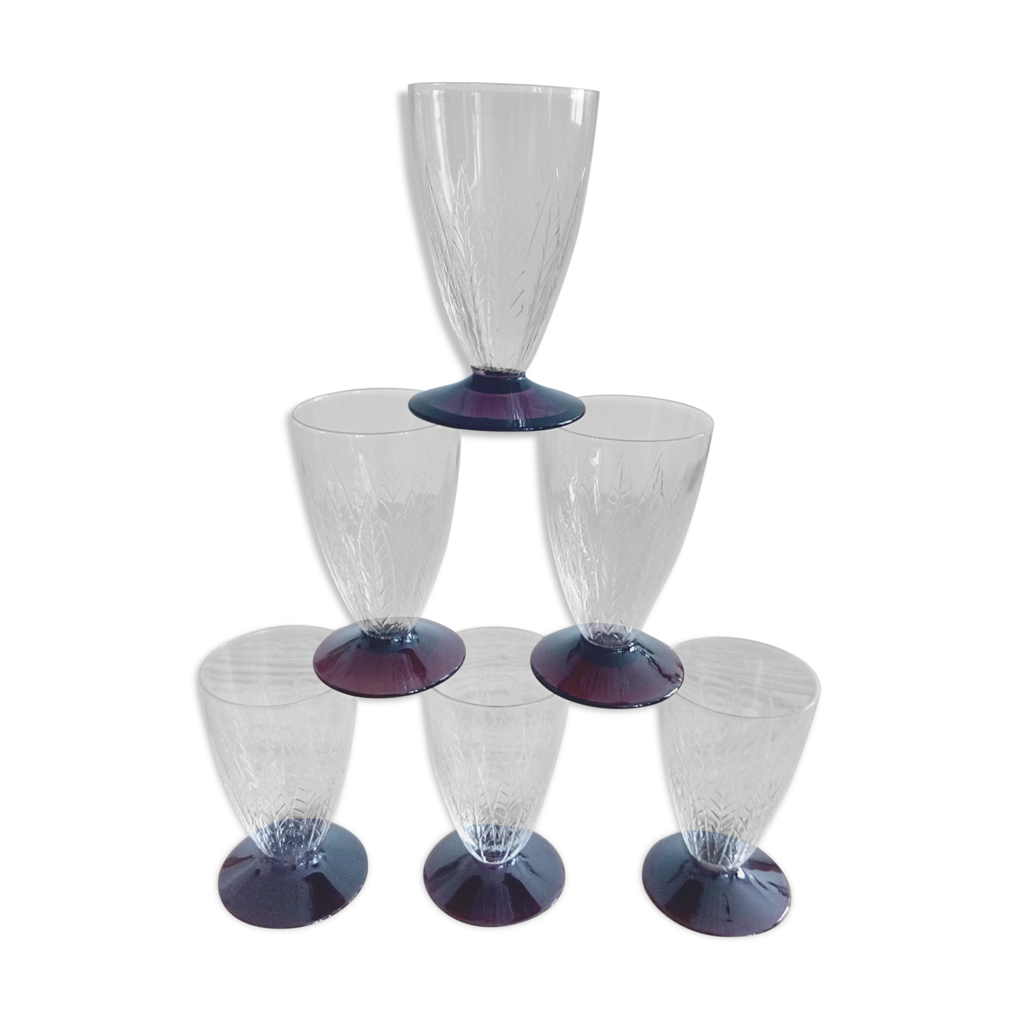 Verres à porto vin cuit apéritif décor de feuille & socle violine
