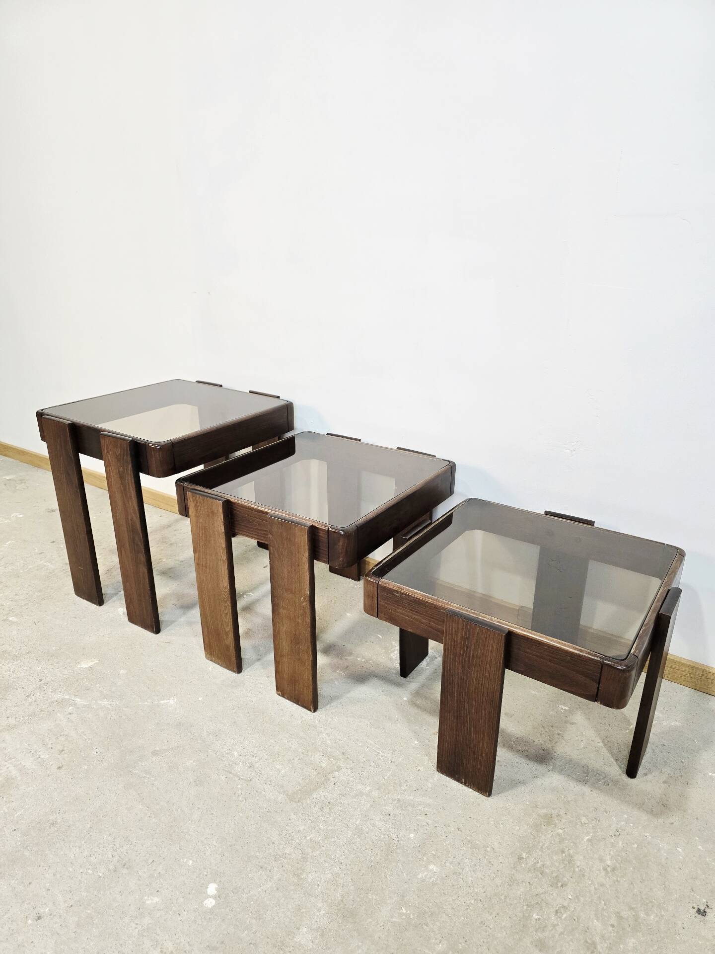 1970s Meblo Frattini Nesting Tables with Smoked Glass