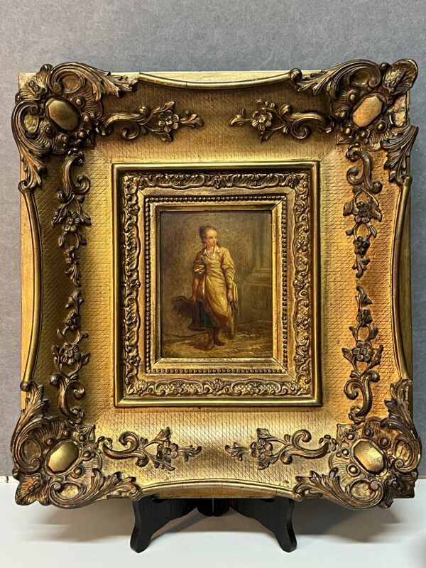 Huile sur panneau de bois, femme au panier, signé LP, Jean Baptiste Le Prince ?