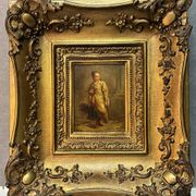 Oil on wood panel, woman with basket, signed LP, Jean Baptiste Le Prince?
