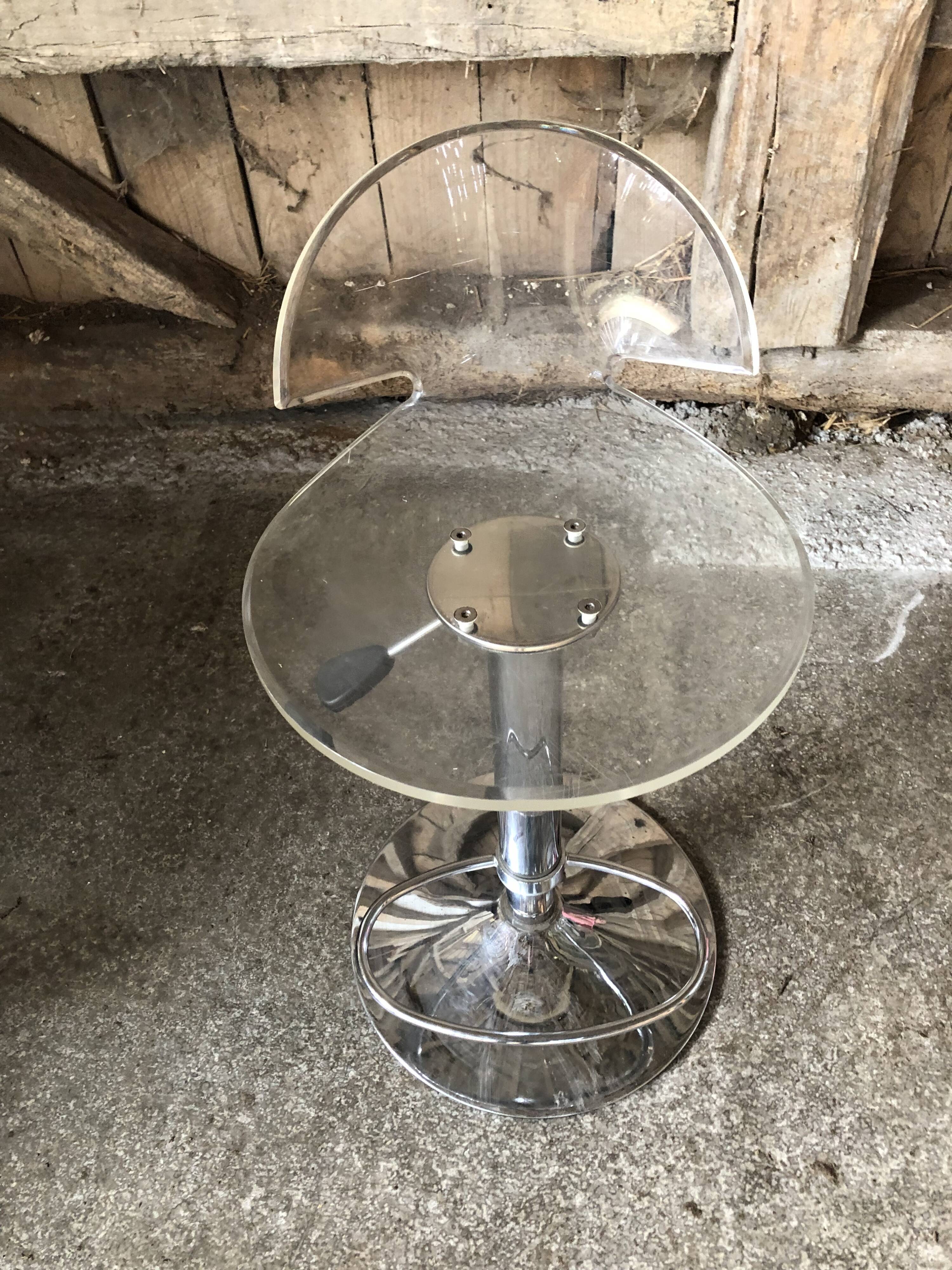 Pair Stool Foot Bar Tulip Metal Chrome + Seat Plexi Transparent Vintage