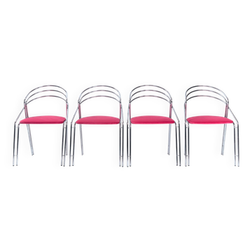 Set of Four Midcentury Italian Dining Chairs in Chrome and Pink Velvet