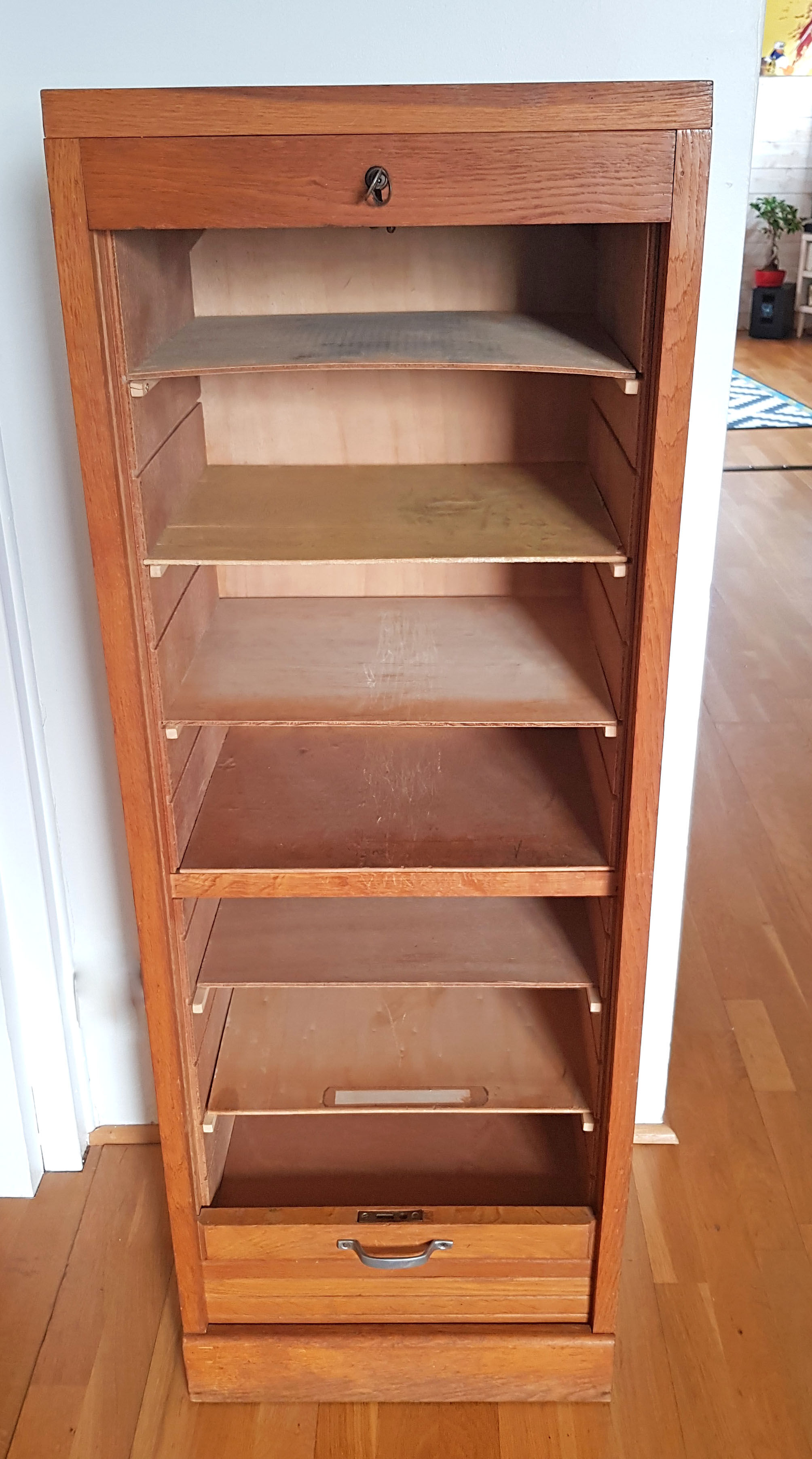 Rolling curtain filing cabinet in vintage oak