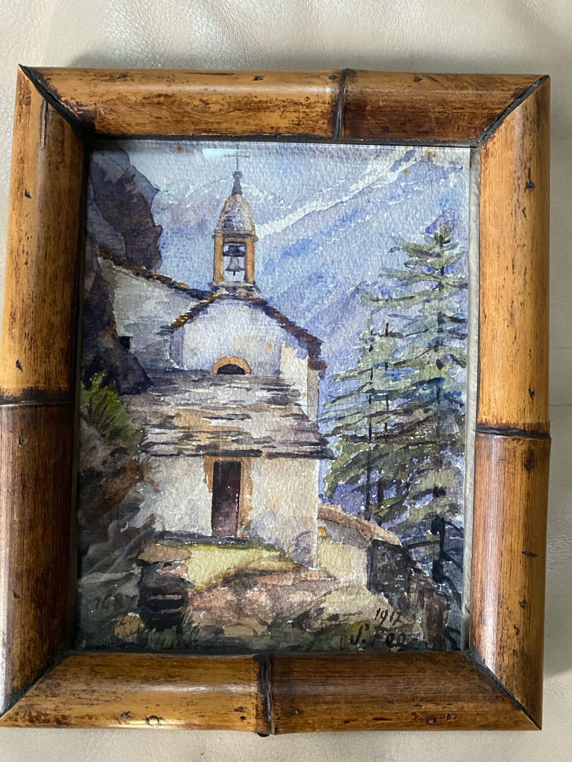 Watercolour "mountain chapel" in an old frame