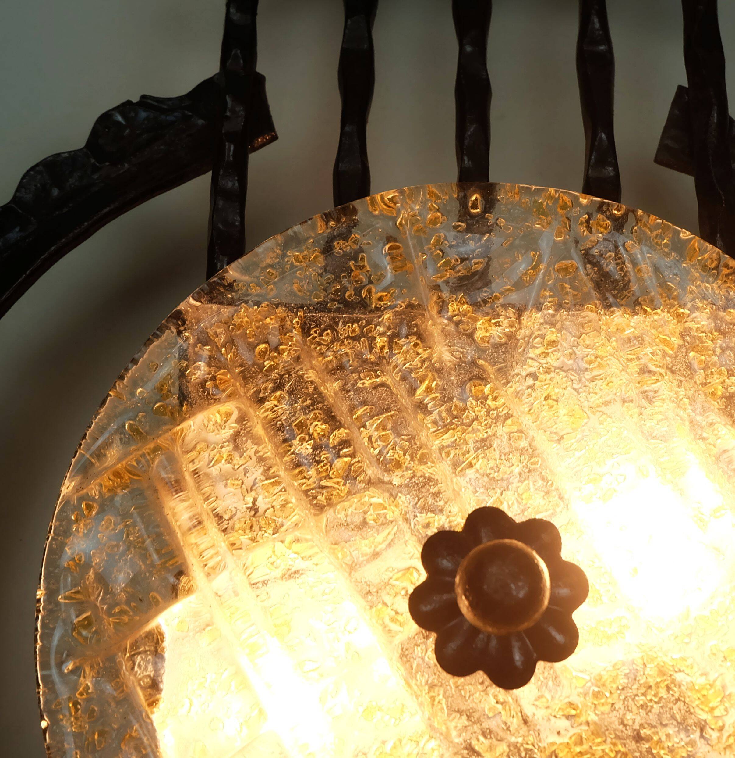 mid century brutalist style wrought iron and glass WALL LAMP sconce 60/70s