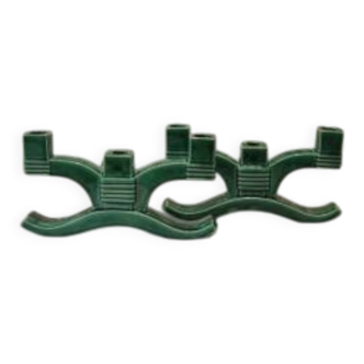 Pair of three-light candlesticks in green ceramic from around 1950-1960.