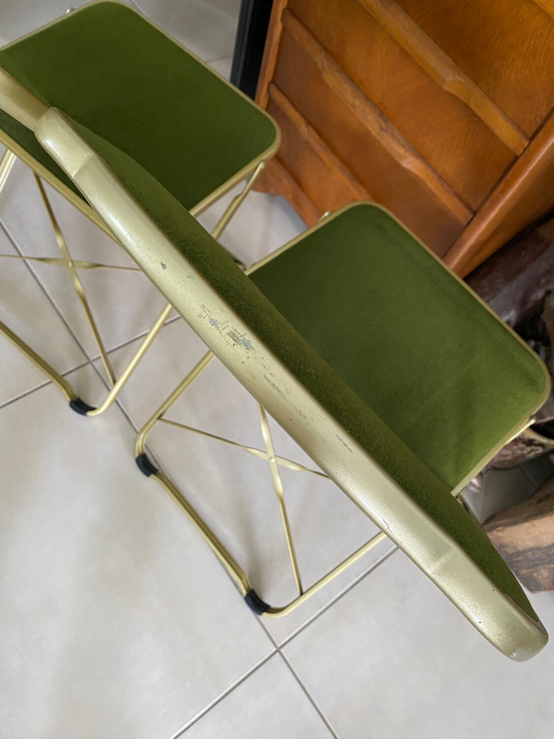 Pair of vintage green velvet folding chairs