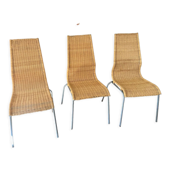 Trio of vintage Ikea rattan and aluminum chairs