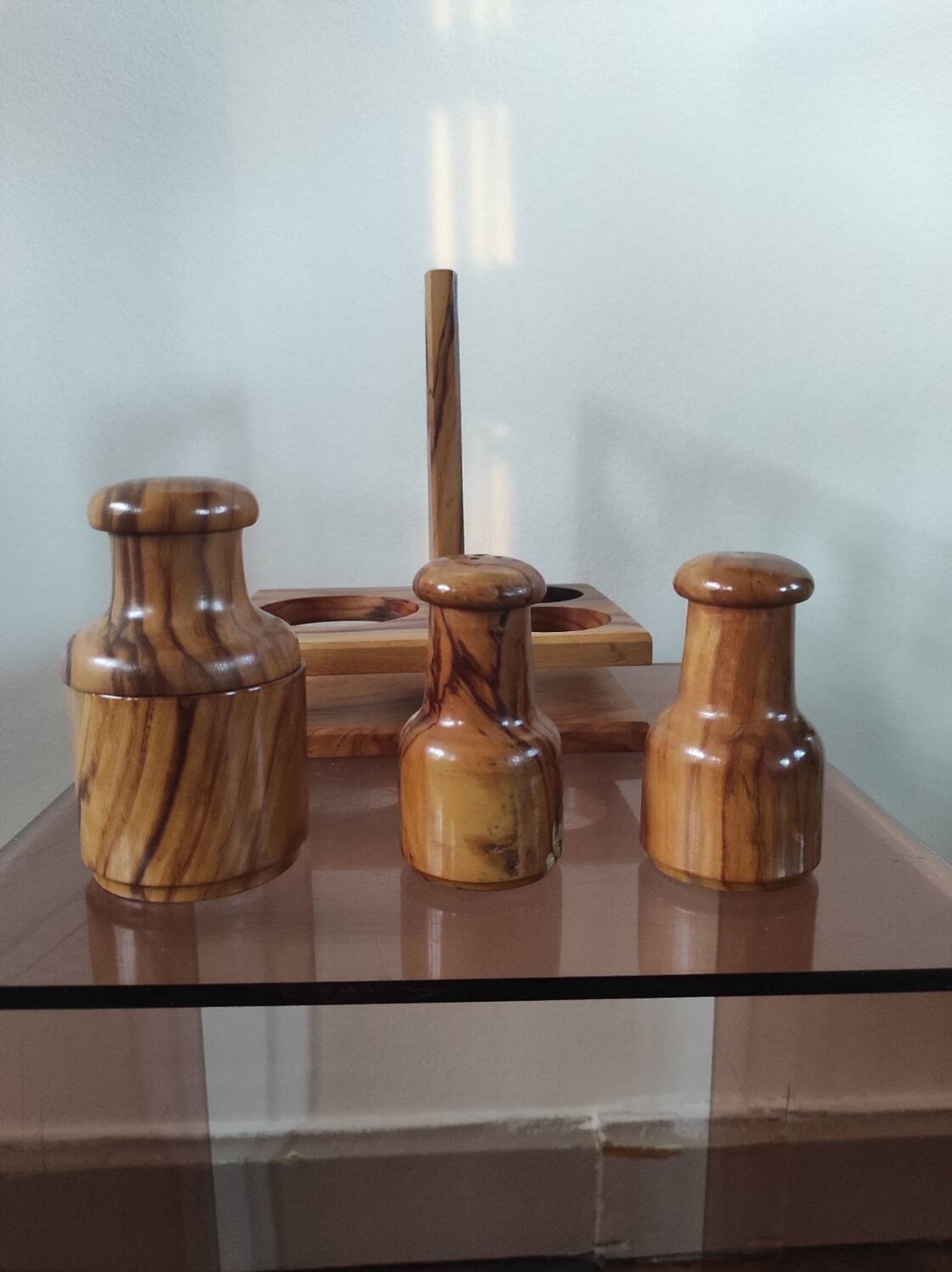 Vintage olive wood condiment service
