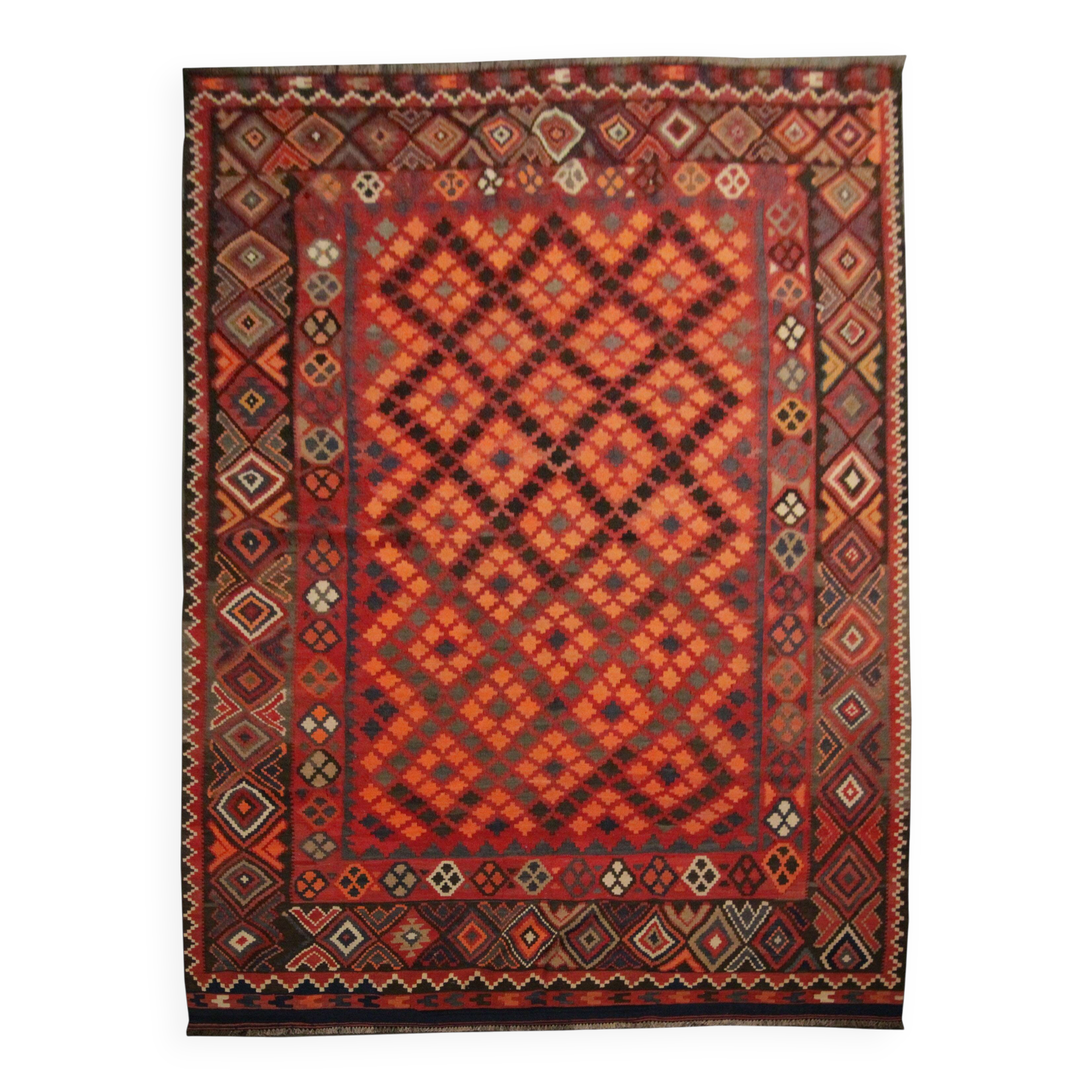 Deep Red Afghan Kilim Rug, Large Geometric Wool Handmade Carpet 200x337 cm