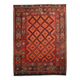 Deep Red Afghan Kilim Rug, Large Geometric Wool Handmade Carpet 200x337 cm