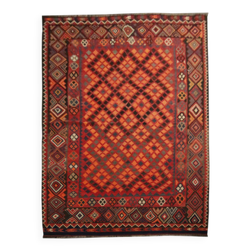 Tapis Kilim Afghan Rouge Foncé, Grand Tapis Géométrique en Laine Fait Main 200x337 cm