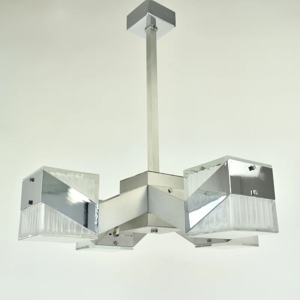 1970s Cubist Chandelier Chrome Glass Mid Century Modern
