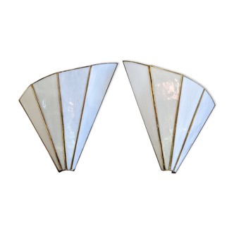 Pair of wall lamps fan shape mother-of-pearl and brass