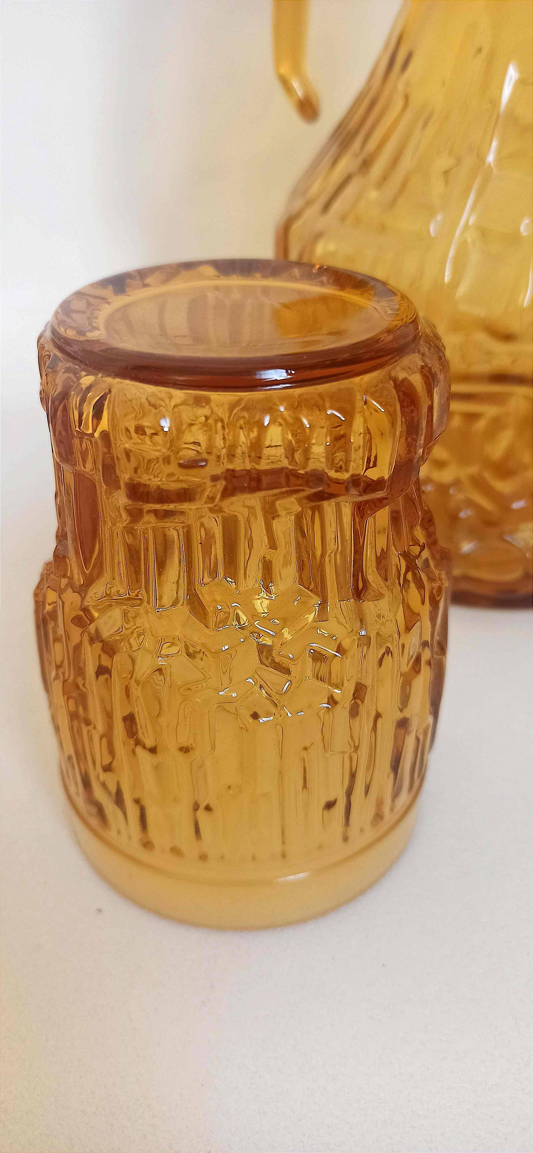 Orange juice set textured glass amber Empoli 2 decanters 12 glasses 70s