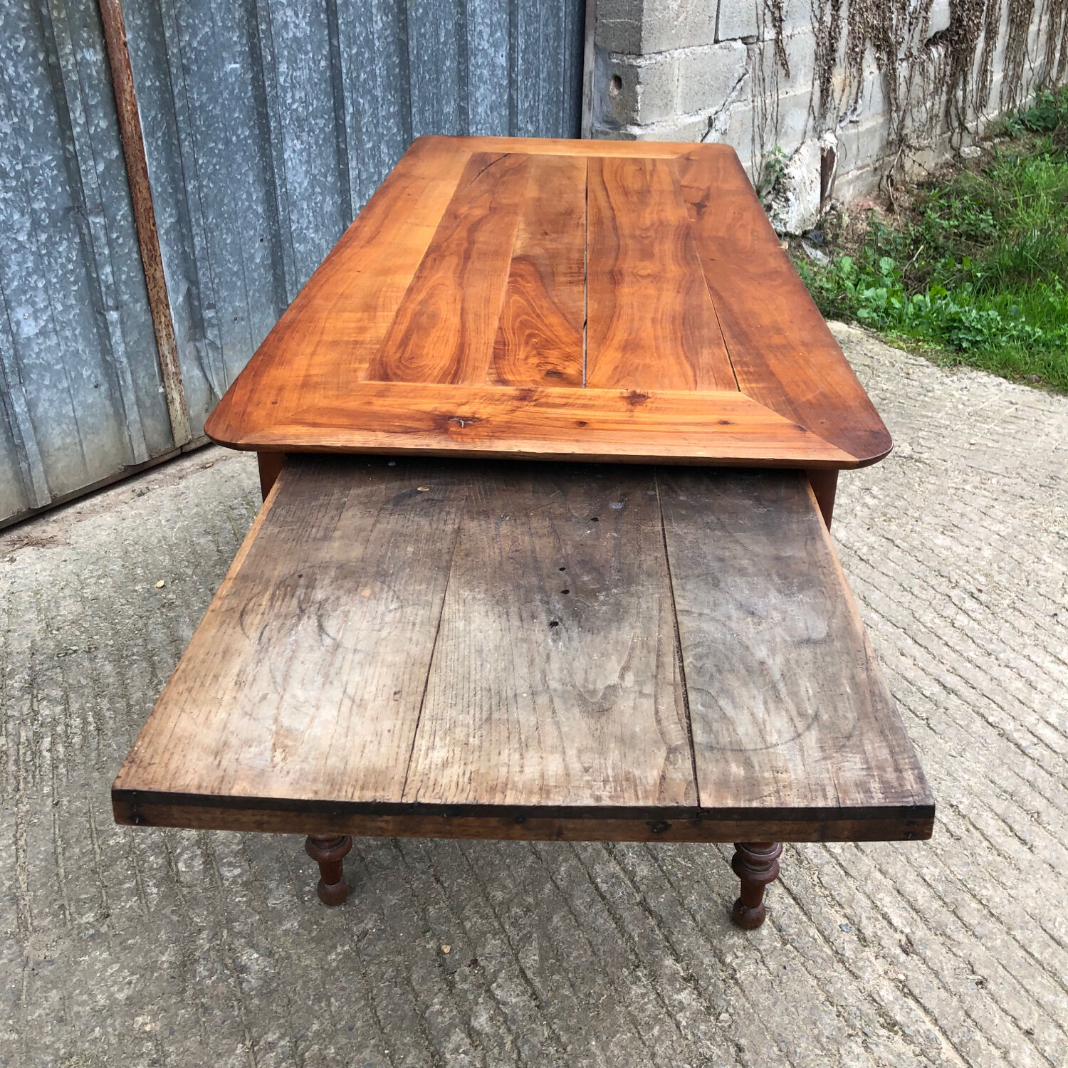 Antique Louis Philippe table in solid cherry and oak with 3 drawers